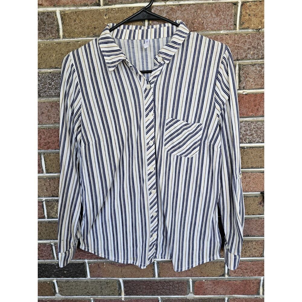 DNA Couture Womens Blouse Large White Collared‎ Striped Long Sleeve Shirt Top